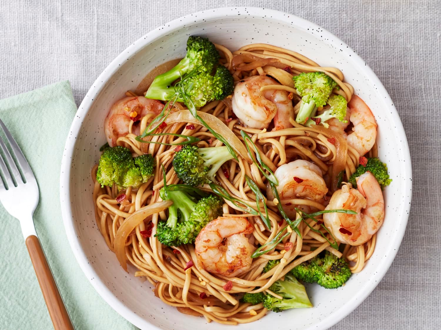 Shrimp and Lo Mein in white bowl